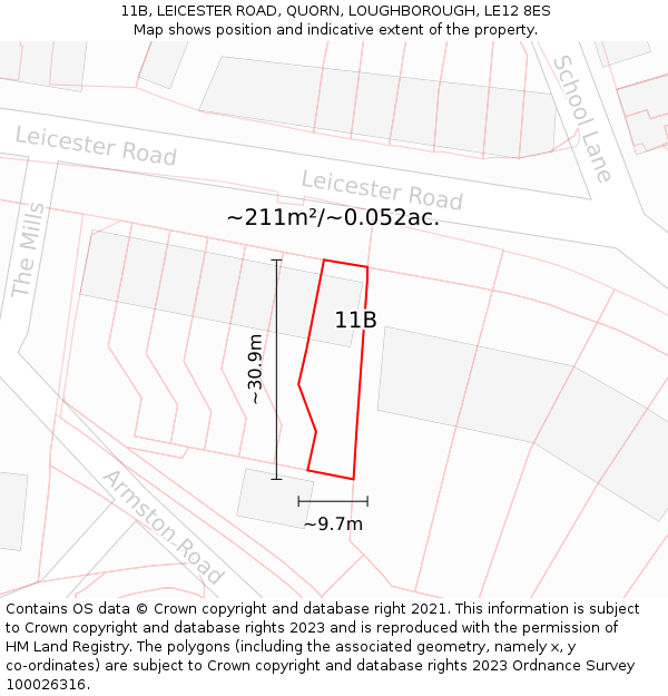 11B, LEICESTER ROAD, QUORN, LOUGHBOROUGH, LE12 8ES: Plot and title map