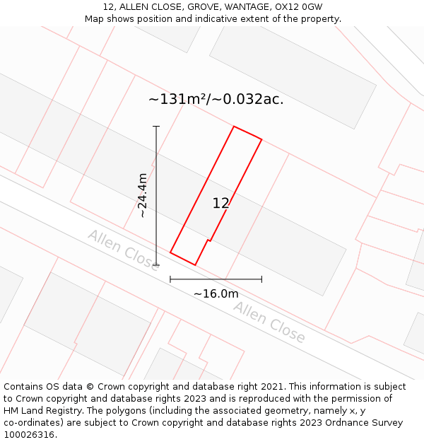 12, ALLEN CLOSE, GROVE, WANTAGE, OX12 0GW: Plot and title map