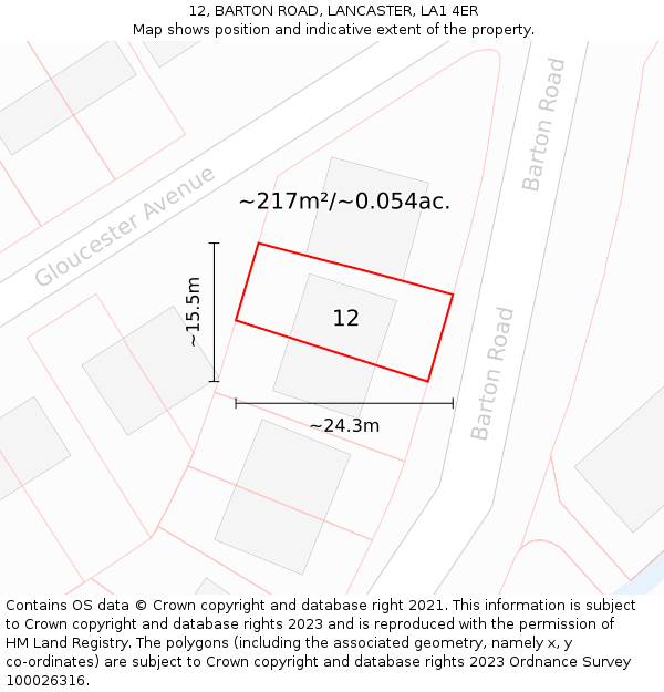 12, BARTON ROAD, LANCASTER, LA1 4ER: Plot and title map