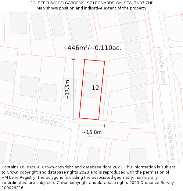12, BEECHWOOD GARDENS, ST LEONARDS-ON-SEA, TN37 7HP: Plot and title map