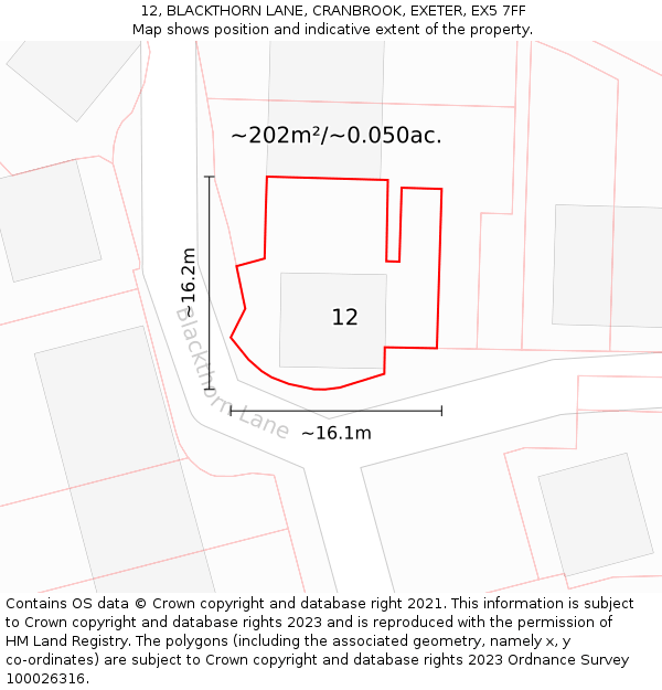 12, BLACKTHORN LANE, CRANBROOK, EXETER, EX5 7FF: Plot and title map