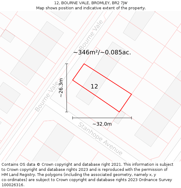 12, BOURNE VALE, BROMLEY, BR2 7JW: Plot and title map