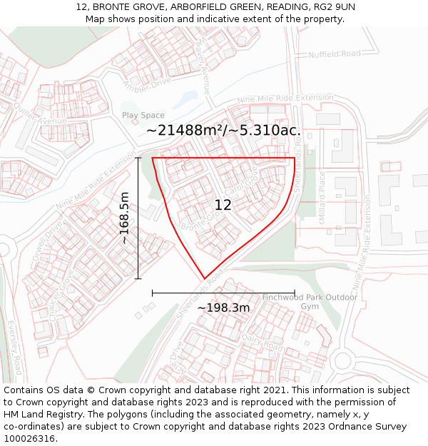 12, BRONTE GROVE, ARBORFIELD GREEN, READING, RG2 9UN: Plot and title map