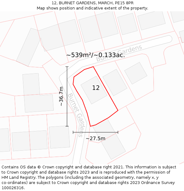 12, BURNET GARDENS, MARCH, PE15 8PR: Plot and title map