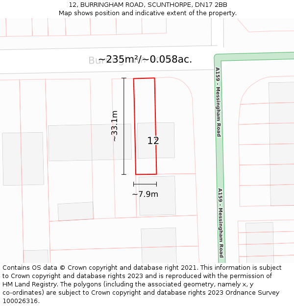 12, BURRINGHAM ROAD, SCUNTHORPE, DN17 2BB: Plot and title map