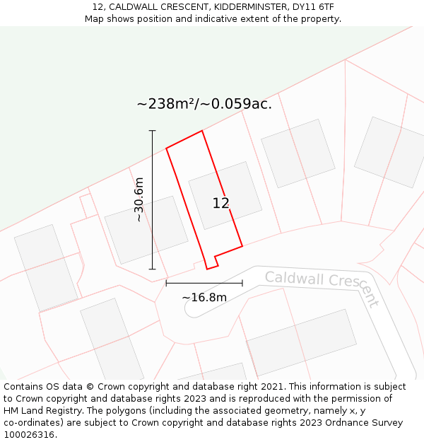 12, CALDWALL CRESCENT, KIDDERMINSTER, DY11 6TF: Plot and title map