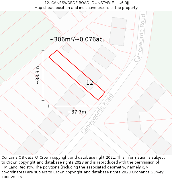 12, CANESWORDE ROAD, DUNSTABLE, LU6 3JJ: Plot and title map