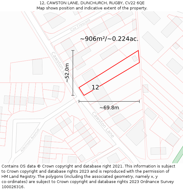 12, CAWSTON LANE, DUNCHURCH, RUGBY, CV22 6QE: Plot and title map