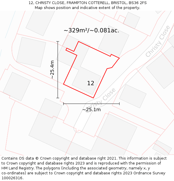 12, CHRISTY CLOSE, FRAMPTON COTTERELL, BRISTOL, BS36 2FS: Plot and title map