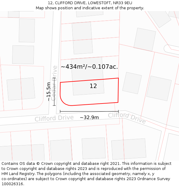 12, CLIFFORD DRIVE, LOWESTOFT, NR33 9EU: Plot and title map