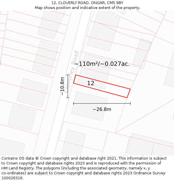 12, CLOVERLY ROAD, ONGAR, CM5 9BY: Plot and title map
