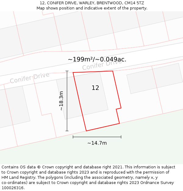 12, CONIFER DRIVE, WARLEY, BRENTWOOD, CM14 5TZ: Plot and title map
