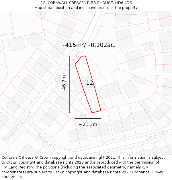 12, CORNWALL CRESCENT, BRIGHOUSE, HD6 4DS: Plot and title map