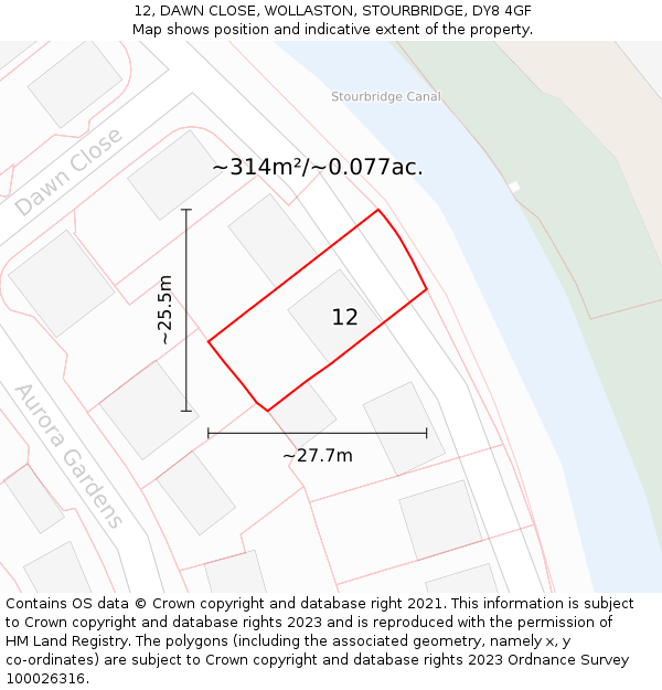 12, DAWN CLOSE, WOLLASTON, STOURBRIDGE, DY8 4GF: Plot and title map