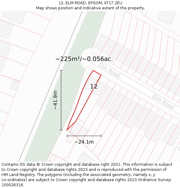 12, ELM ROAD, EPSOM, KT17 2EU: Plot and title map
