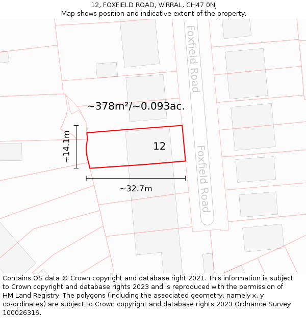 12, FOXFIELD ROAD, WIRRAL, CH47 0NJ: Plot and title map