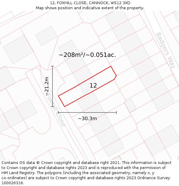 12, FOXHILL CLOSE, CANNOCK, WS12 3XD: Plot and title map
