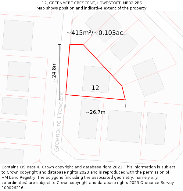 12, GREENACRE CRESCENT, LOWESTOFT, NR32 2RS: Plot and title map