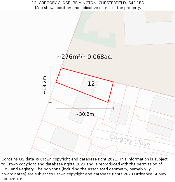 12, GREGORY CLOSE, BRIMINGTON, CHESTERFIELD, S43 1RD: Plot and title map