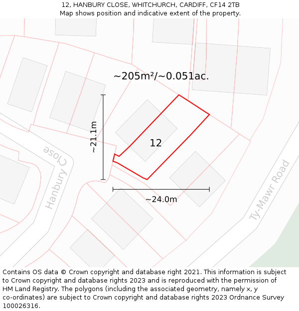 12, HANBURY CLOSE, WHITCHURCH, CARDIFF, CF14 2TB: Plot and title map