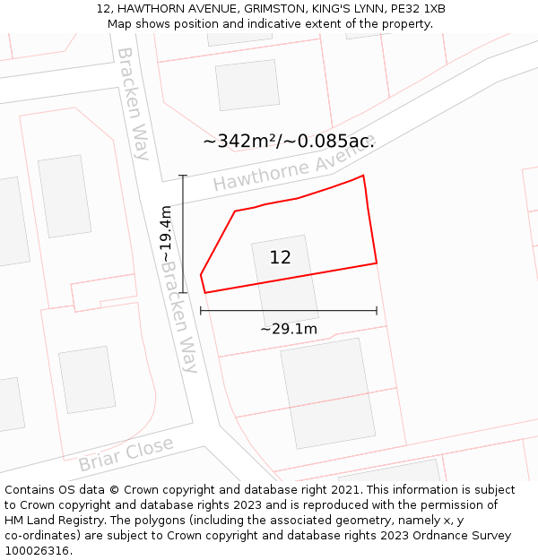 12, HAWTHORN AVENUE, GRIMSTON, KING'S LYNN, PE32 1XB: Plot and title map
