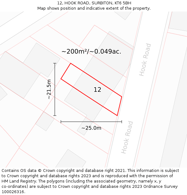 12, HOOK ROAD, SURBITON, KT6 5BH: Plot and title map