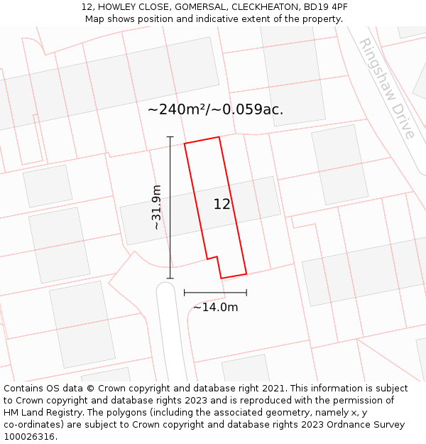 12, HOWLEY CLOSE, GOMERSAL, CLECKHEATON, BD19 4PF: Plot and title map