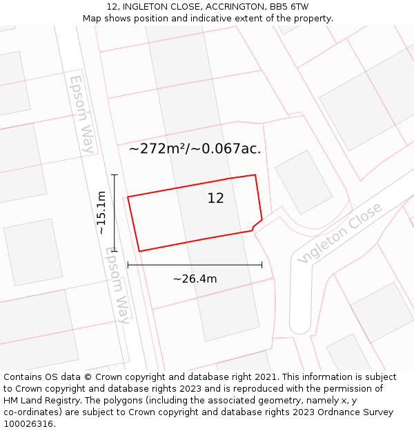 12, INGLETON CLOSE, ACCRINGTON, BB5 6TW: Plot and title map