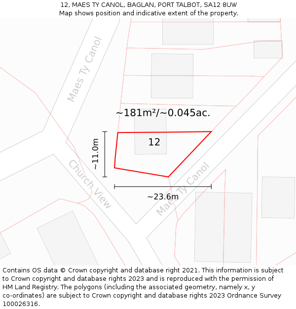 12, MAES TY CANOL, BAGLAN, PORT TALBOT, SA12 8UW: Plot and title map