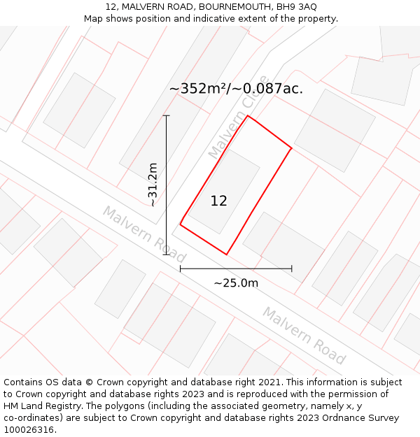 12, MALVERN ROAD, BOURNEMOUTH, BH9 3AQ: Plot and title map