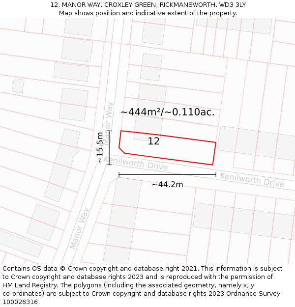 12, MANOR WAY, CROXLEY GREEN, RICKMANSWORTH, WD3 3LY: Plot and title map