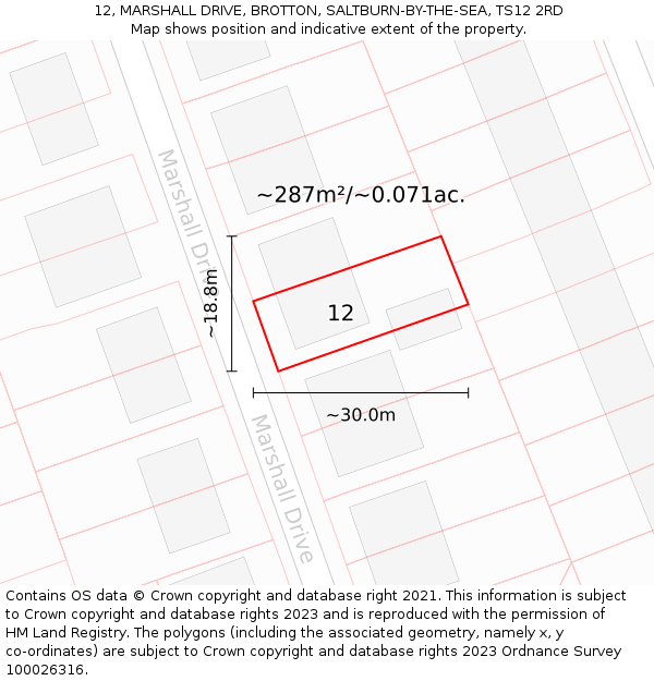 12, MARSHALL DRIVE, BROTTON, SALTBURN-BY-THE-SEA, TS12 2RD: Plot and title map