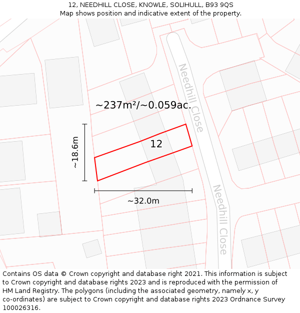 12, NEEDHILL CLOSE, KNOWLE, SOLIHULL, B93 9QS: Plot and title map