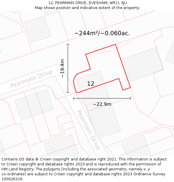 12, PEARMAIN DRIVE, EVESHAM, WR11 3JU: Plot and title map