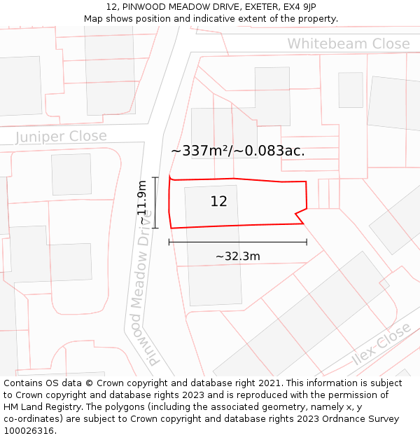 12, PINWOOD MEADOW DRIVE, EXETER, EX4 9JP: Plot and title map