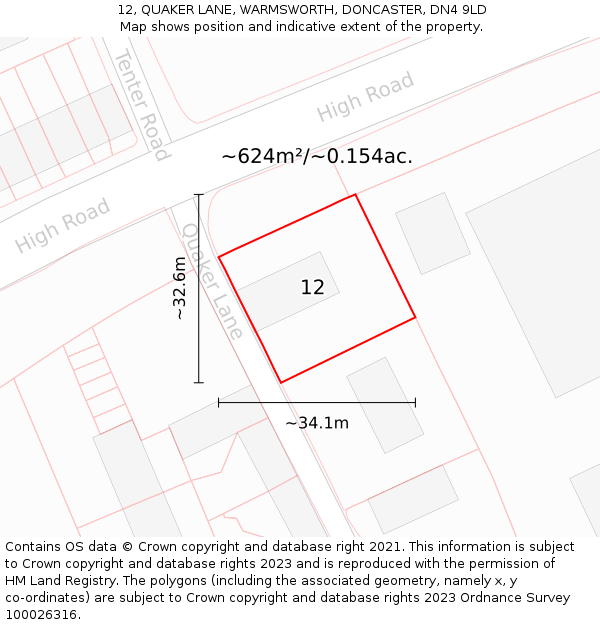 12, QUAKER LANE, WARMSWORTH, DONCASTER, DN4 9LD: Plot and title map
