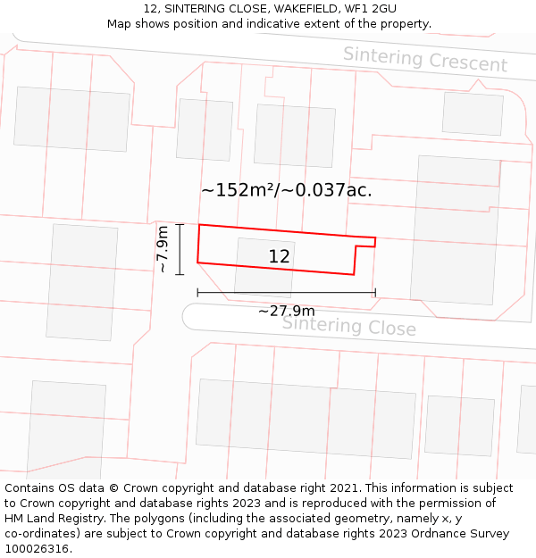 12, SINTERING CLOSE, WAKEFIELD, WF1 2GU: Plot and title map