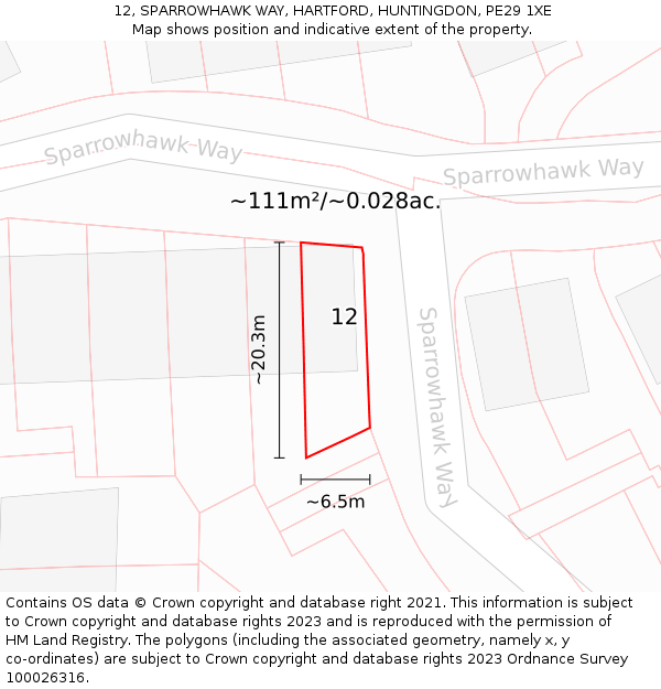 12, SPARROWHAWK WAY, HARTFORD, HUNTINGDON, PE29 1XE: Plot and title map
