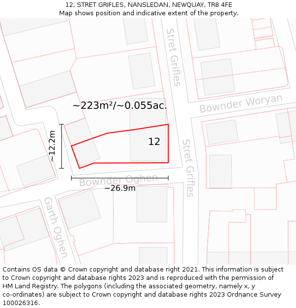 12, STRET GRIFLES, NANSLEDAN, NEWQUAY, TR8 4FE: Plot and title map