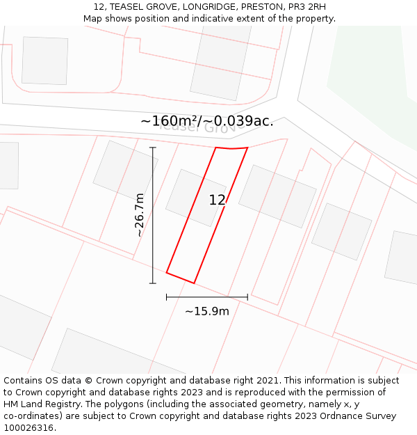 12, TEASEL GROVE, LONGRIDGE, PRESTON, PR3 2RH: Plot and title map