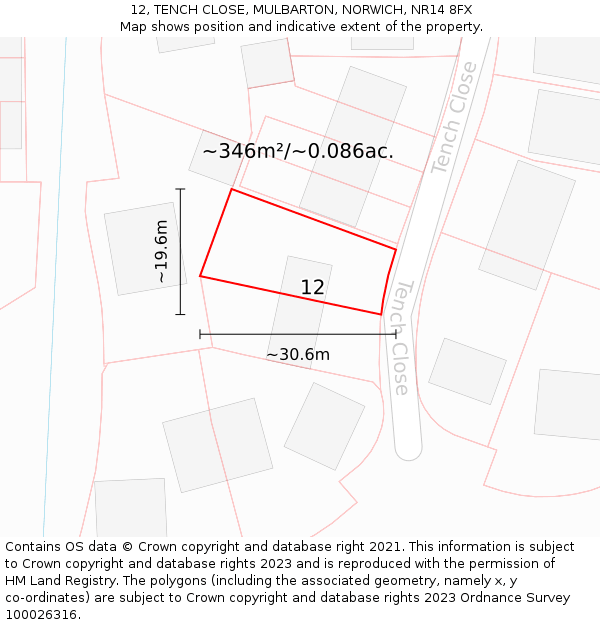 12, TENCH CLOSE, MULBARTON, NORWICH, NR14 8FX: Plot and title map
