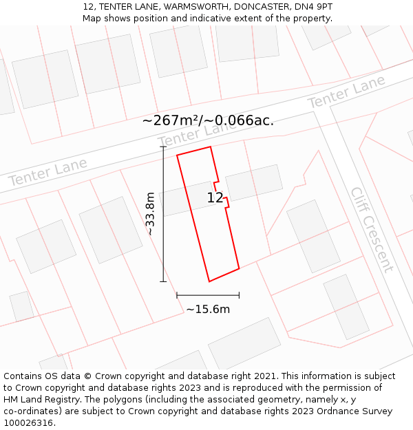 12, TENTER LANE, WARMSWORTH, DONCASTER, DN4 9PT: Plot and title map