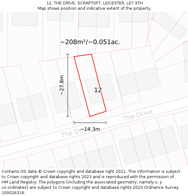 12, THE DRIVE, SCRAPTOFT, LEICESTER, LE7 9TH: Plot and title map