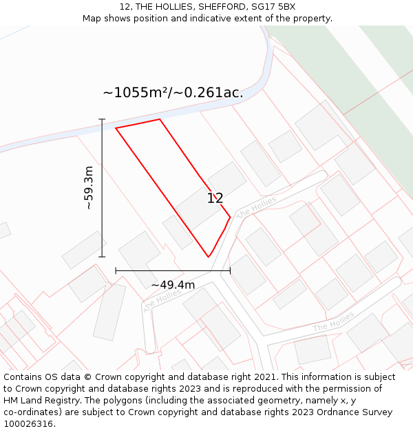 12, THE HOLLIES, SHEFFORD, SG17 5BX: Plot and title map