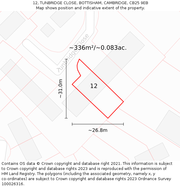 12, TUNBRIDGE CLOSE, BOTTISHAM, CAMBRIDGE, CB25 9EB: Plot and title map