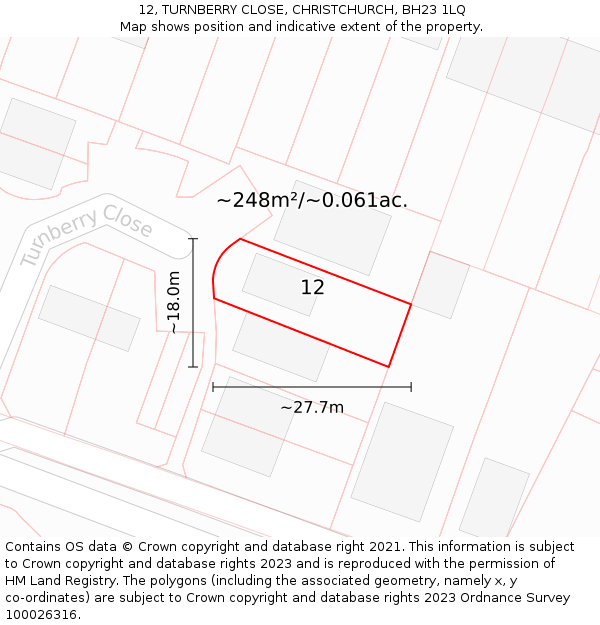 12, TURNBERRY CLOSE, CHRISTCHURCH, BH23 1LQ: Plot and title map