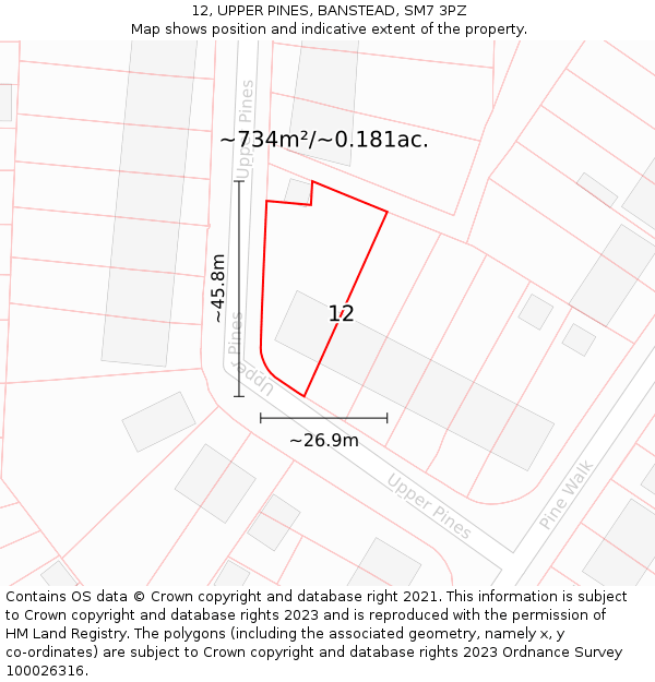 12, UPPER PINES, BANSTEAD, SM7 3PZ: Plot and title map
