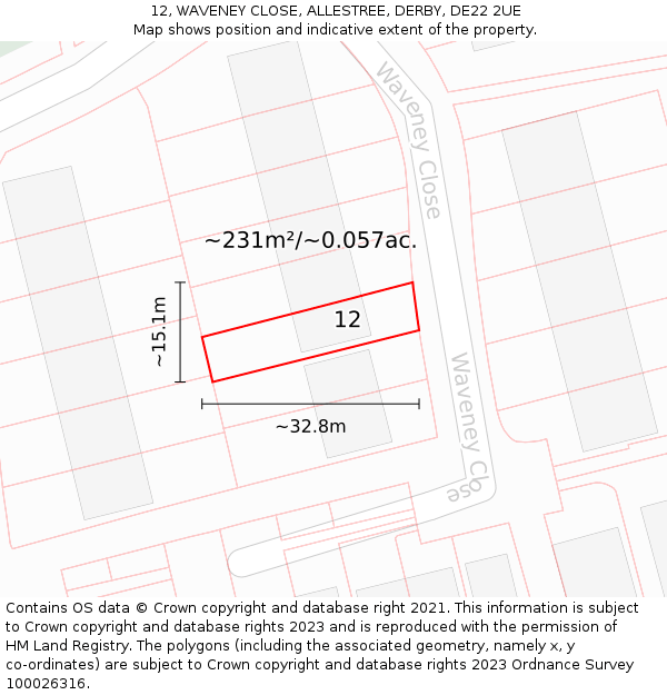 12, WAVENEY CLOSE, ALLESTREE, DERBY, DE22 2UE: Plot and title map
