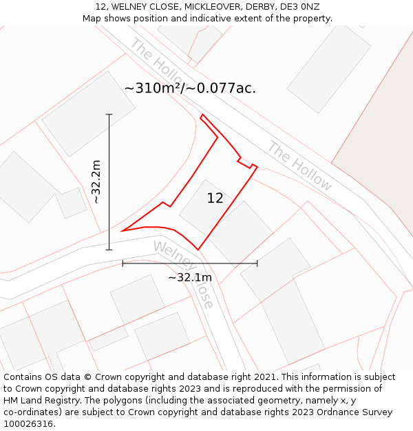 12, WELNEY CLOSE, MICKLEOVER, DERBY, DE3 0NZ: Plot and title map