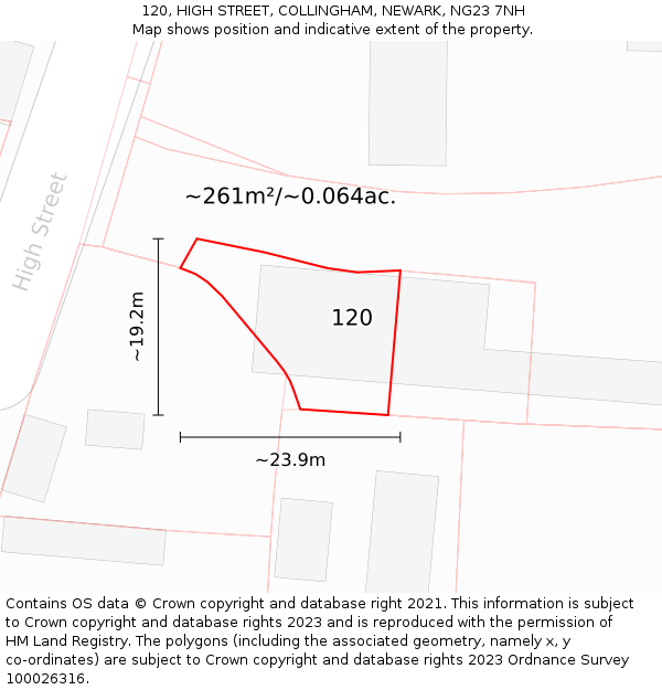 120, HIGH STREET, COLLINGHAM, NEWARK, NG23 7NH: Plot and title map